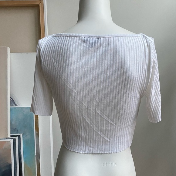 TOPSHOP Crop Top White Boatneck Short Sleeve Ribbed Lightweight Small - Picture 5 of 10